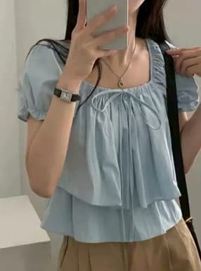 パフスリーブリボンティアードブラウス