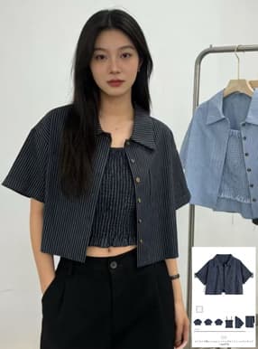 ストライプ柄シャツ×シャーリングキャミソールアンサンブル