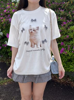 キャットチェック柄リボンTシャツ