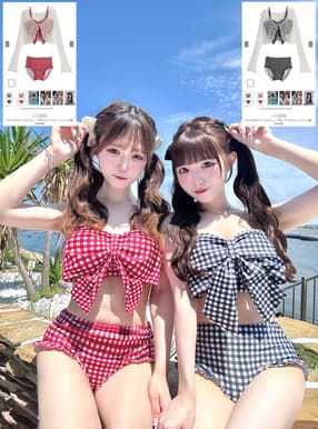 ボレロ付きギンガムチェック柄リボンデザインビキニ水着