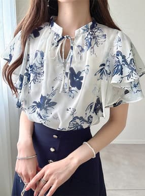 シフォン花柄フリルリボンブラウス