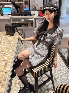 チェック柄ウエストタックミニワンピース
