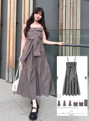 チェック柄シャツデザインキャミソールワンピース