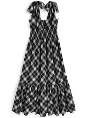 チェック柄ショルダーリボンシャーリングワンピース