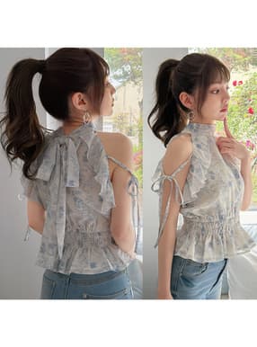 花柄シアーアメスリフリルリボントップス