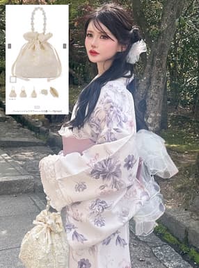 パールハンドルフラワーレース巾着バッグ