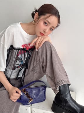 バンドプリントチュールリボンTシャツ