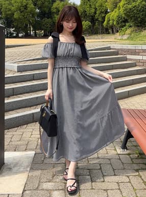 ギンガムチェック柄ショルダーリボンワンピース