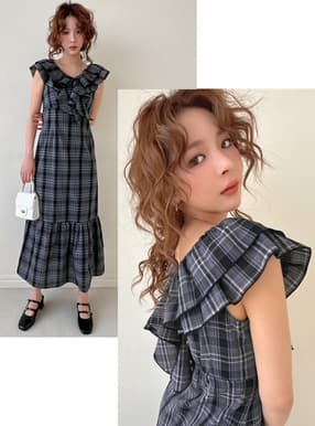 チェック柄フリルマーメイドワンピース