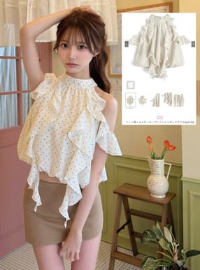 ドット柄ショルダーオープンフリルリボンブラウス