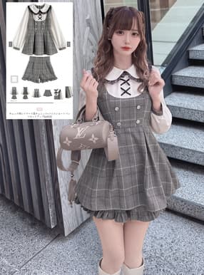 チェック柄レイヤード風チュニック×フリルショートパンツセットアップ